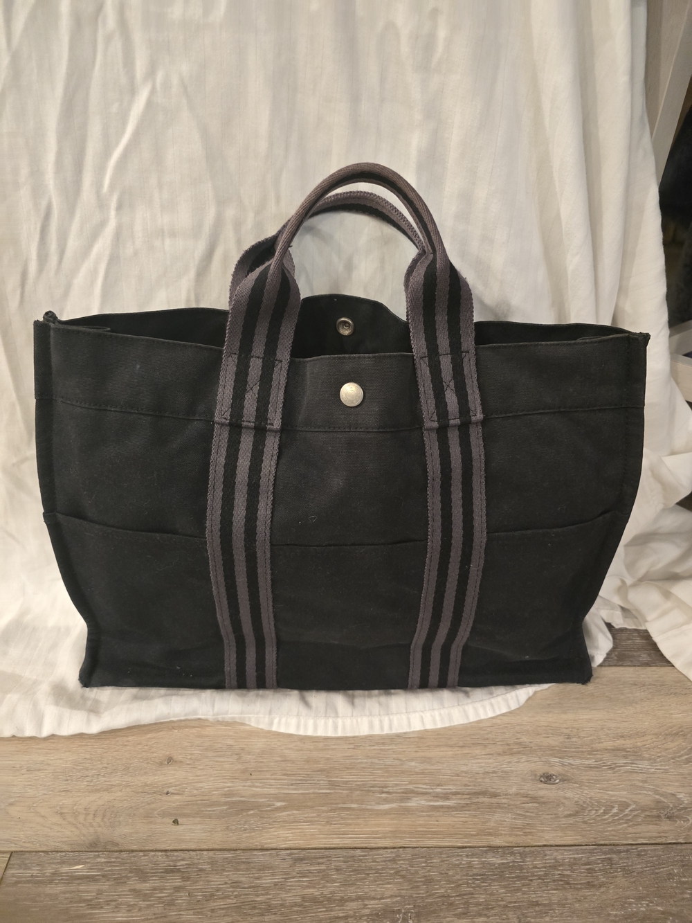 Live Show Only Hermes Black Canvas Tote Bag with Gray Striped Handles - Men Bags
